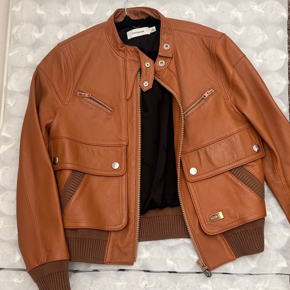 Coach Womans Tan Leather Bomber Jacket